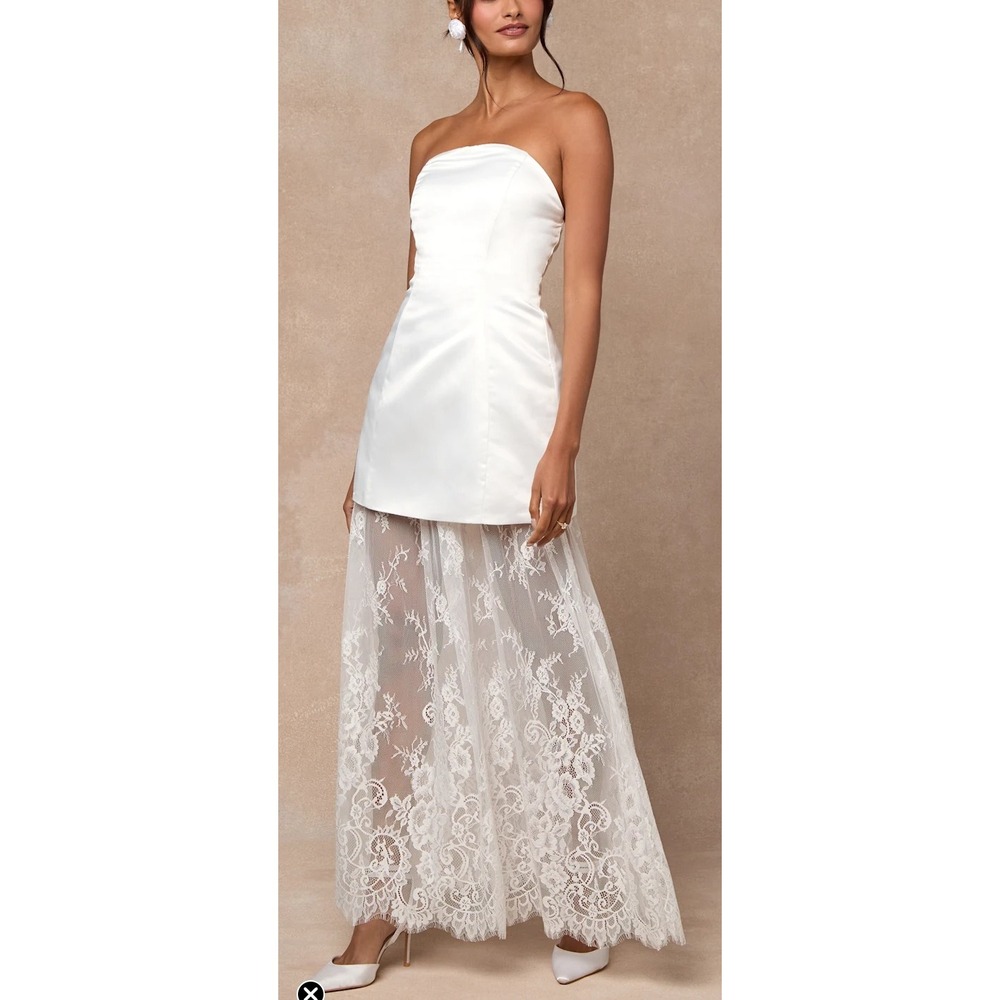 NWT Lulus Winslet White Satin Sheer Hem Strapless Maxi Dress Sz Large